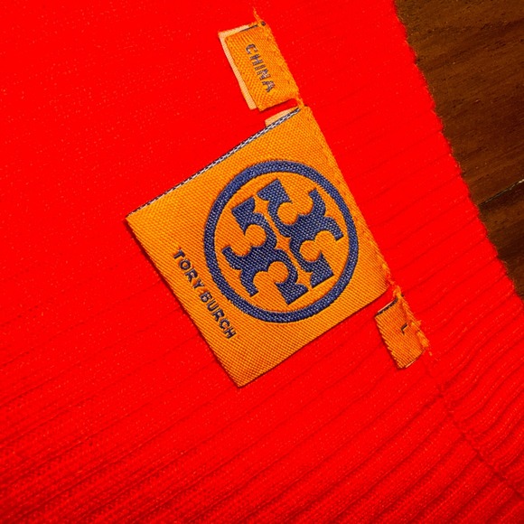 Tory Burch Orange Cashmere Ribbed V-Neck Sweater Elbow Patches Gold Button Large - Picture 3 of 8